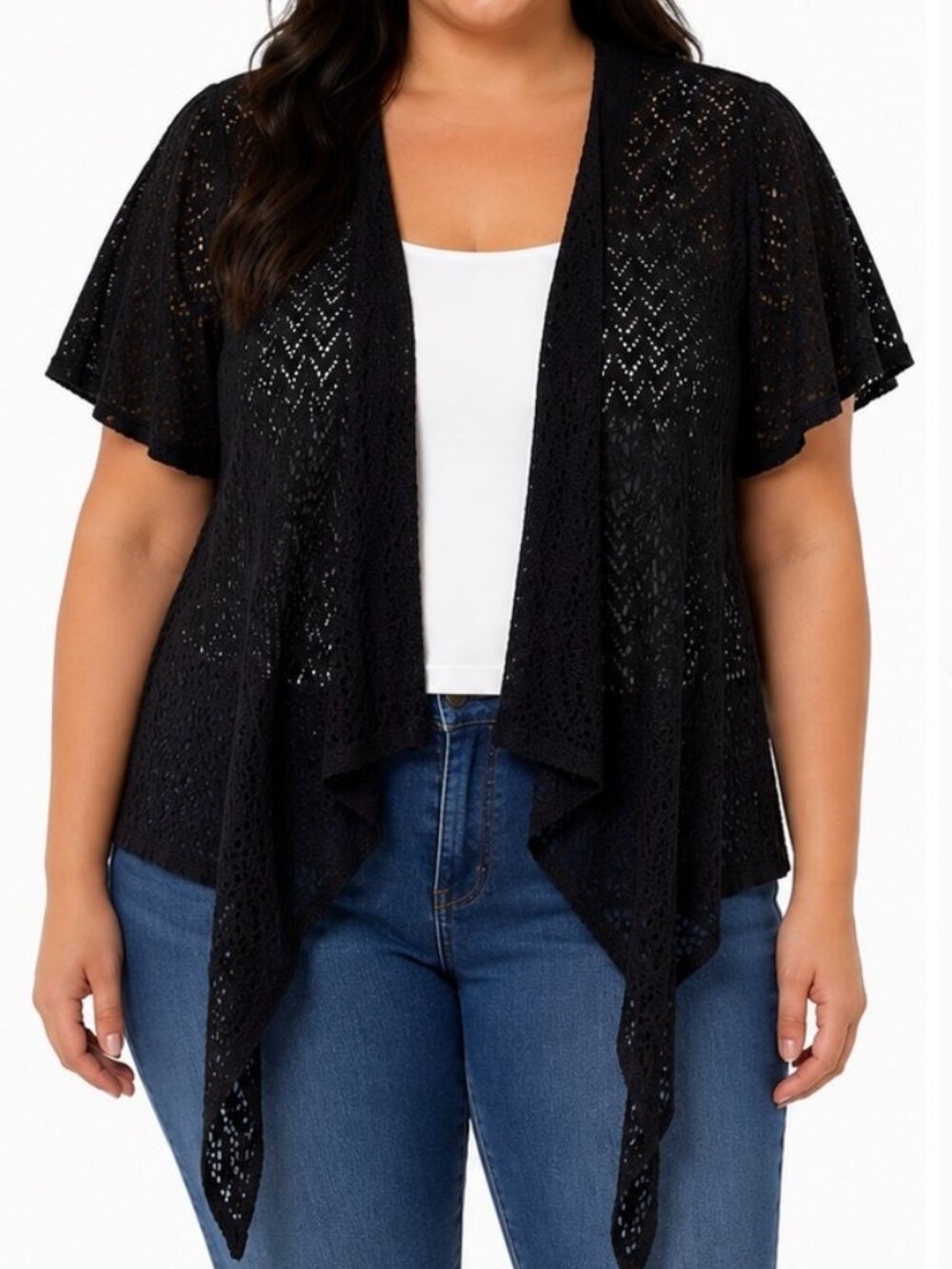 Elementz Women’s 2X Black Crochet Knit Open Front Cardigan Short Sleeve Cover Up